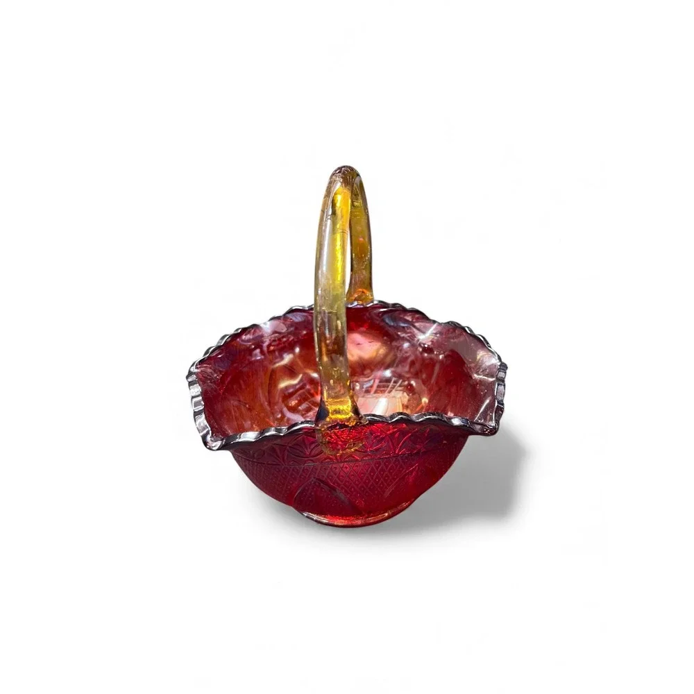 Carnival Glass Candy Dish Basket Hobnail Handle Iridescent Ruby Red Amber